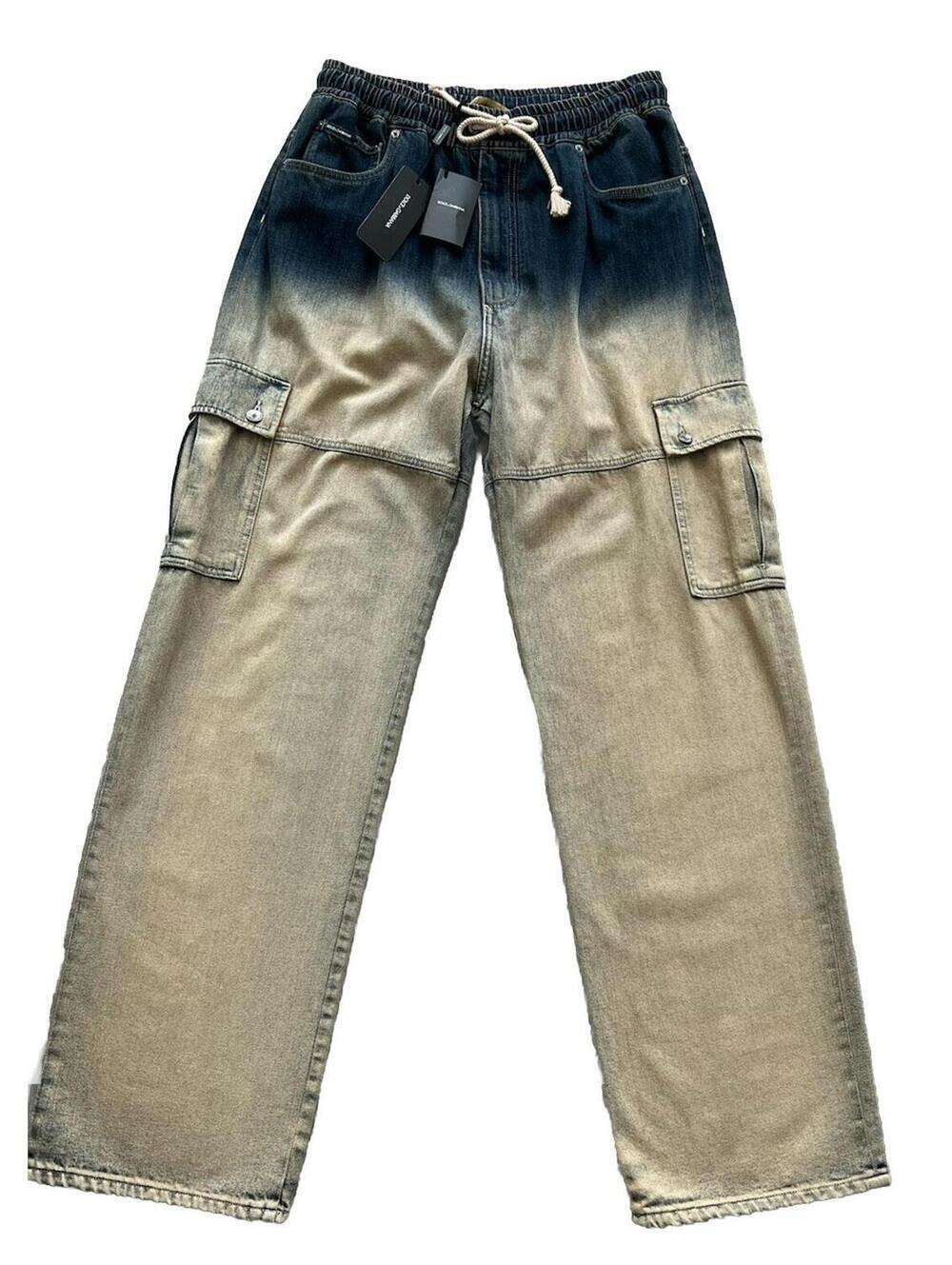 $1275 Dolce & Gabbana Washed Drawstring Cargo Beige/Dark Blue Jeans Size 52 - Picture 2 of 13